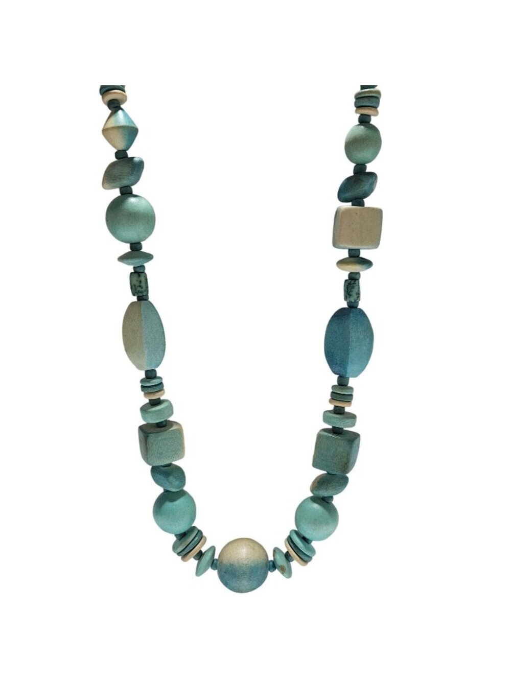 Handmade Wooden Beaded Necklace Blue Natural Wood Tone Boho Fashion Jewelry